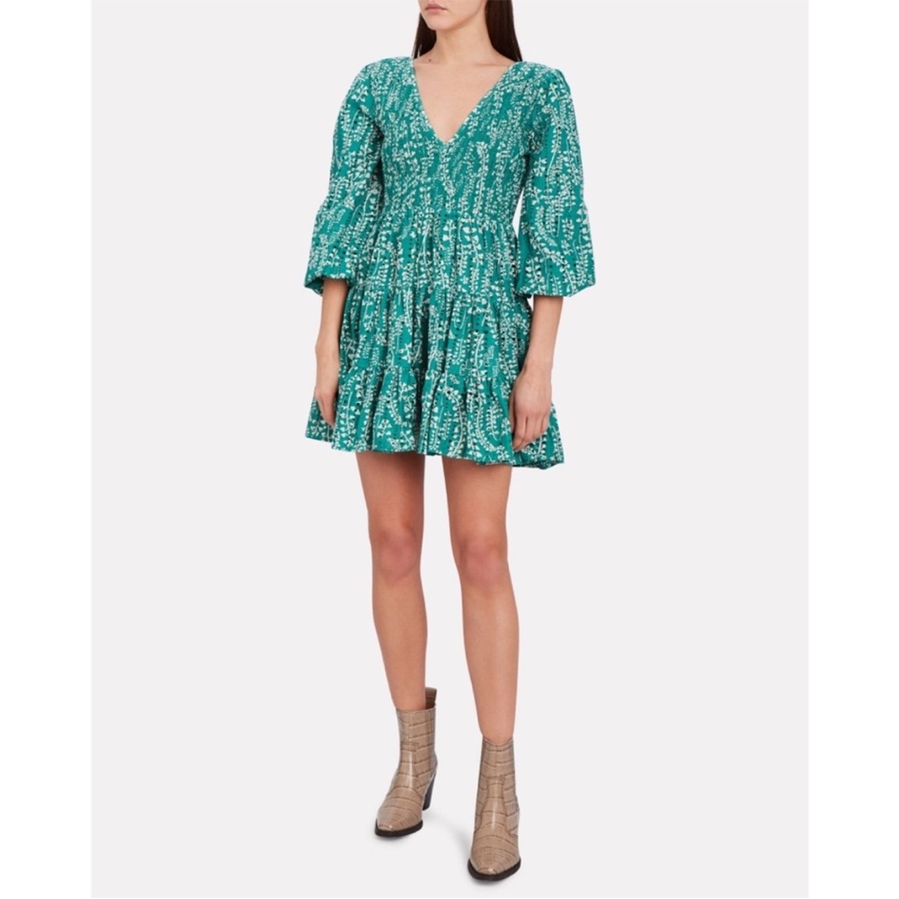 Rixo Sasha Teal Eyelet Mini Dress Small Puff Sleeve Resort Wear Coquette Beach - Picture 2 of 11
